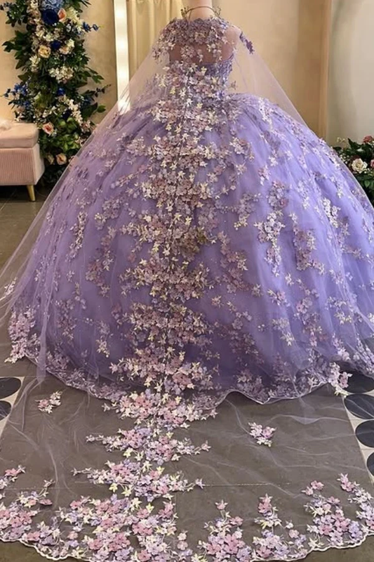 Strapless Sleevelss Flowers Appliques Lilac Quinceañera Dresses