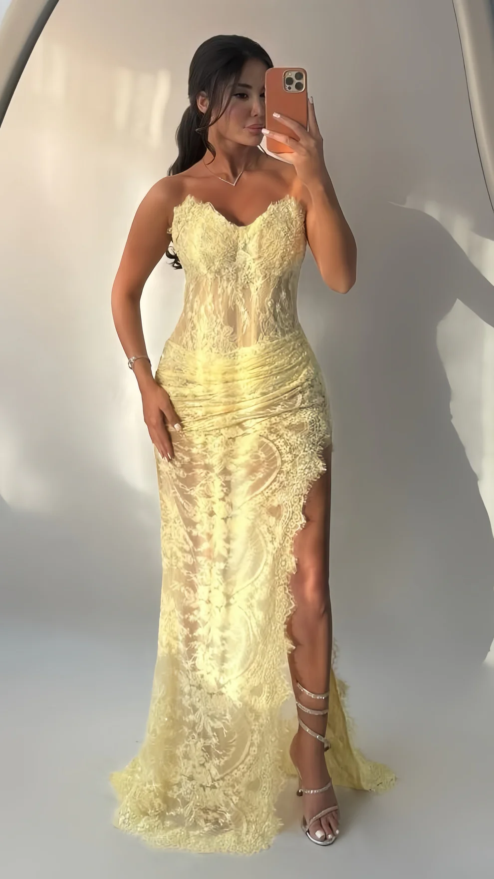 Strapless Yellow Lace Sequin High Slit Pleated Prom Gown Long Mermaid Party Dress