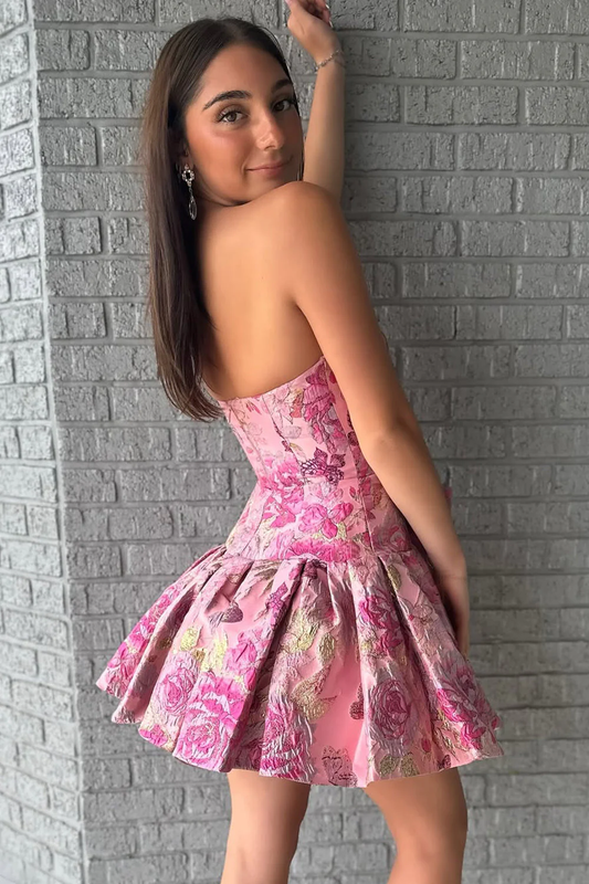 Sweet Strapless Neck Jacquard Satin Homecoming Dress