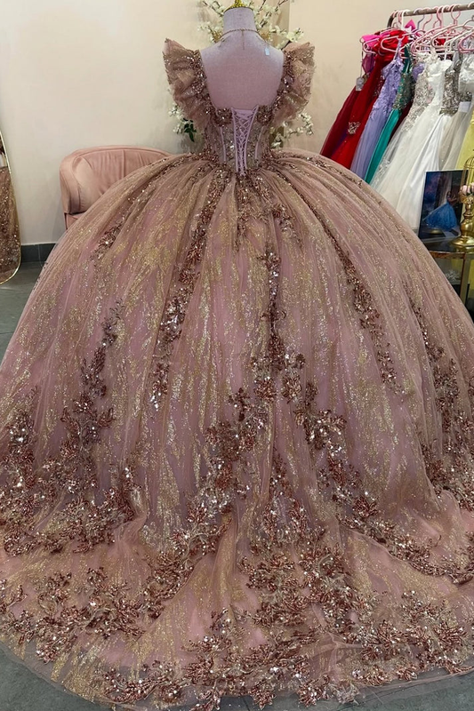 Sweetheart Sleeveless Beaded Sequins Appliques Champagne Sweet 15 Quinceañera Dress