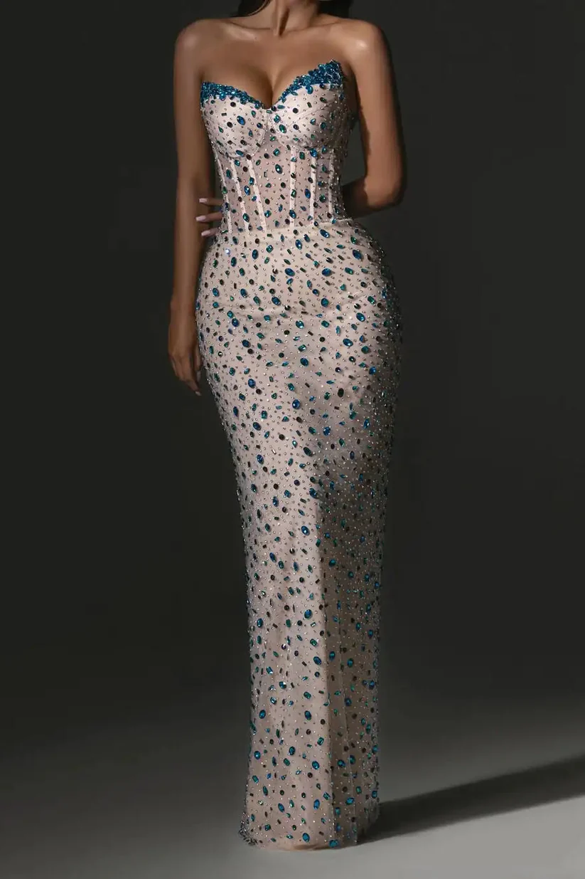 Sweetheart Strapless Sleeveless Mermaid Prom Dress V-Neck Gem With Lace-Up Back