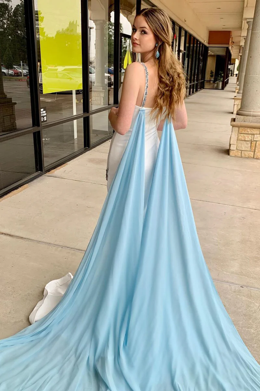 White V Neck Satin Mermaid Long Prom Dresses with Slit