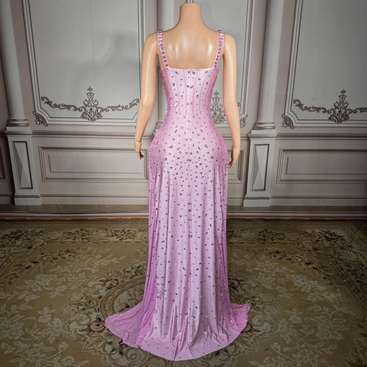 Women Luxury Pink Spaghetti Strap Crystal Drapped Open Leg Bright Long Comfortable Soft Birthday Celebrity Evening Party Gowns