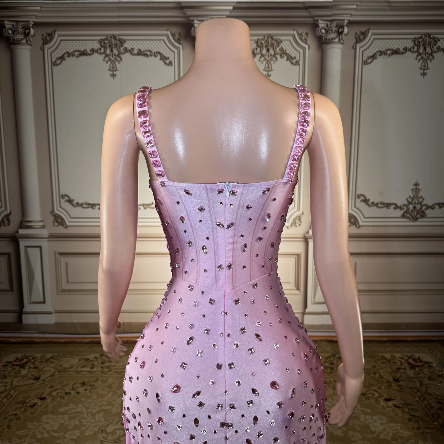 Women Luxury Pink Spaghetti Strap Crystal Drapped Open Leg Bright Long Comfortable Soft Birthday Celebrity Evening Party Gowns