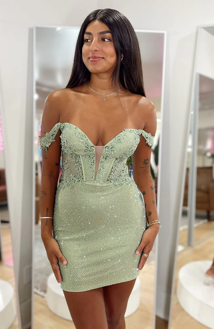 Women's Off Shoulder Sequin Beaded Lace Short Homecoming Dresses