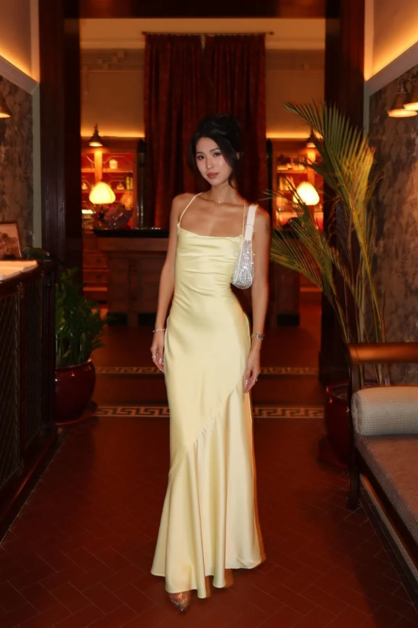 Yellow Spaghetti Straps Long Backless Prom Dress  CHUMUSE