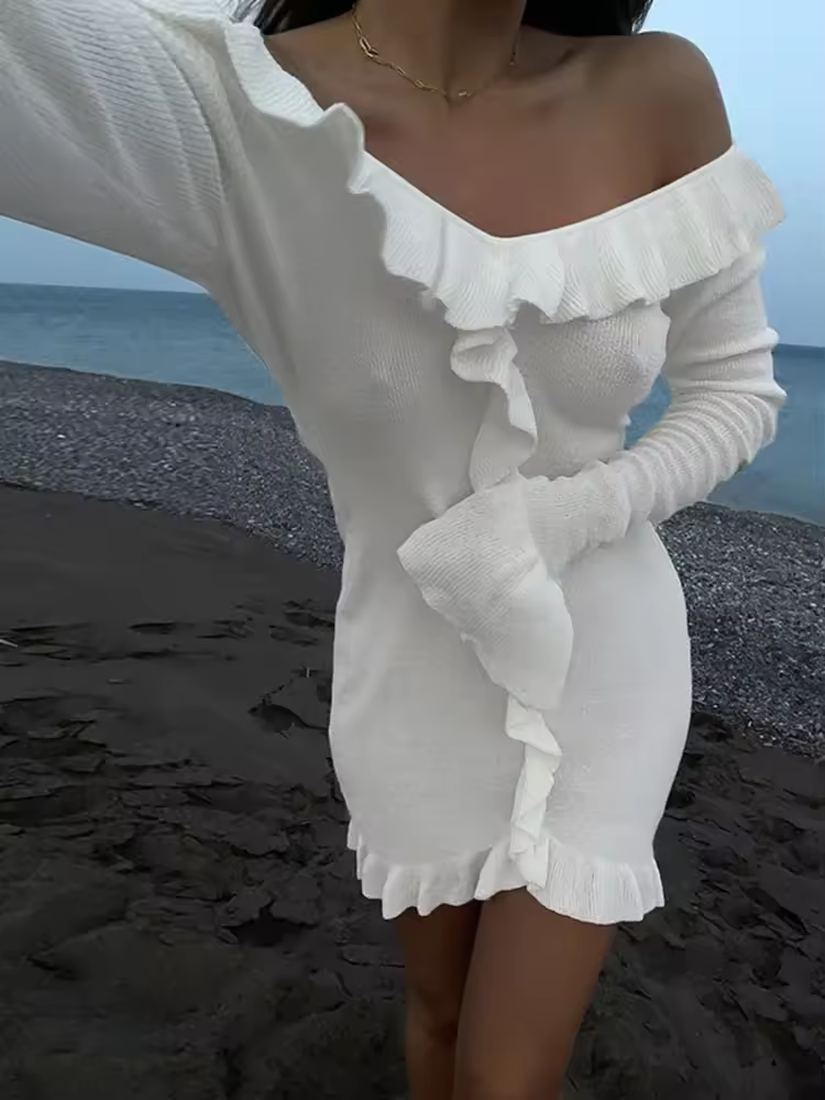 Knitted Ruffled Long Sleeve Dress Women's Slim V Neck Holiday Mini Dress Elegant Solid Splice Atumn Fashion Clothes