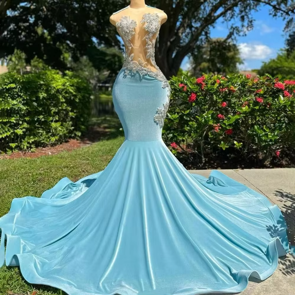 2025 Velet Long Prom Dresses For Black Girls Sexy Sheer Rhinestone Applique Mermaid Birthday Party Evening Gown Customsized