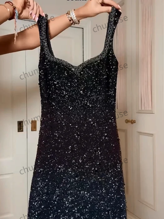 Robe de bal courte noire à bretelles spaghetti et paillettes, sans manches, pour fête de Noël