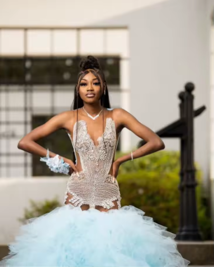 Mint Blue African Mermaid Prom Dress for Women Luxury Crystal Beaded Black Girl Birthday Gown vestidos de gala Prom customsized