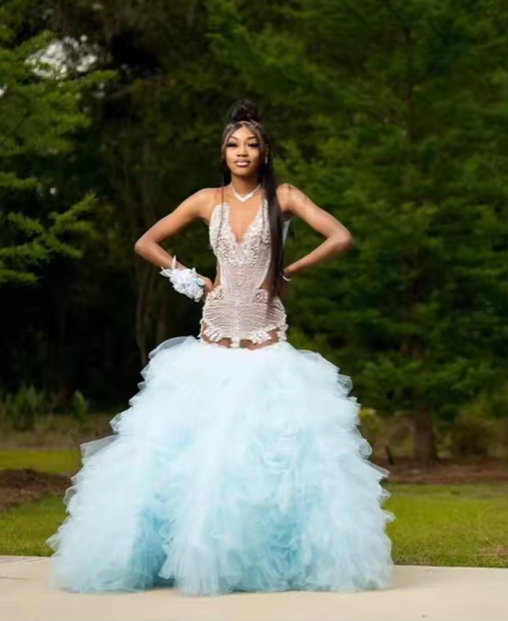 Mint Blue African Mermaid Prom Dress for Women Luxury Crystal Beaded Black Girl Birthday Gown vestidos de gala Prom customsized
