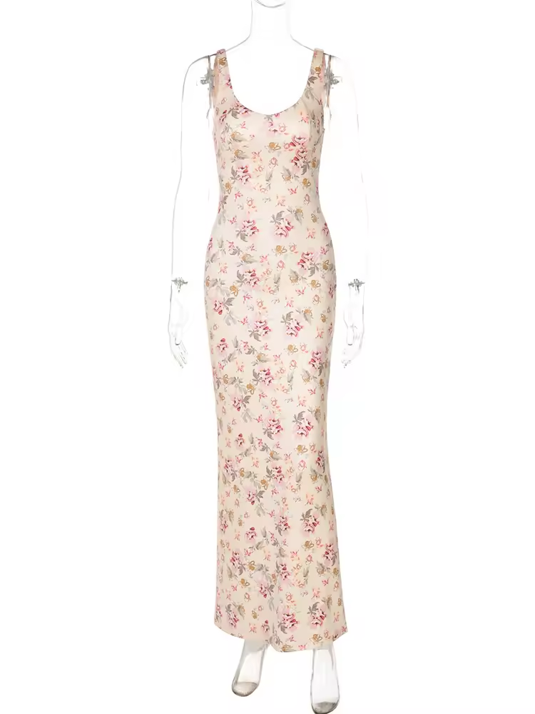 Flower Print Slit Suspender Dress For Women Plunge Sexy Holiday Party Long Dress Female 2025 New Sleeveless Dress Vestido