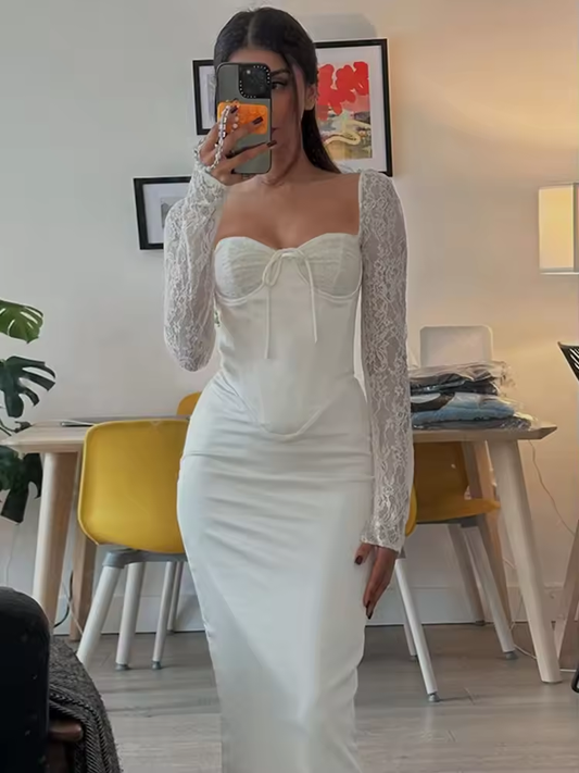 Slim Lace Long Sleeve Dress For Women Elegant Lace Up Splice Tight Waist Maxi Dress Sexy Evening Party Dress Vestido Lady