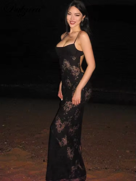 Sleeveless See Through Lace Patchwork Cami Maxi Dress Backless Lace Up Sexy Outfit Party Clubwear Autumn Winter