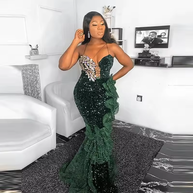 Green African American Prom Dresses Mermaid Sweetheart Sequins Crystals Black Girls Robe De Soiree Evening Gown Customized