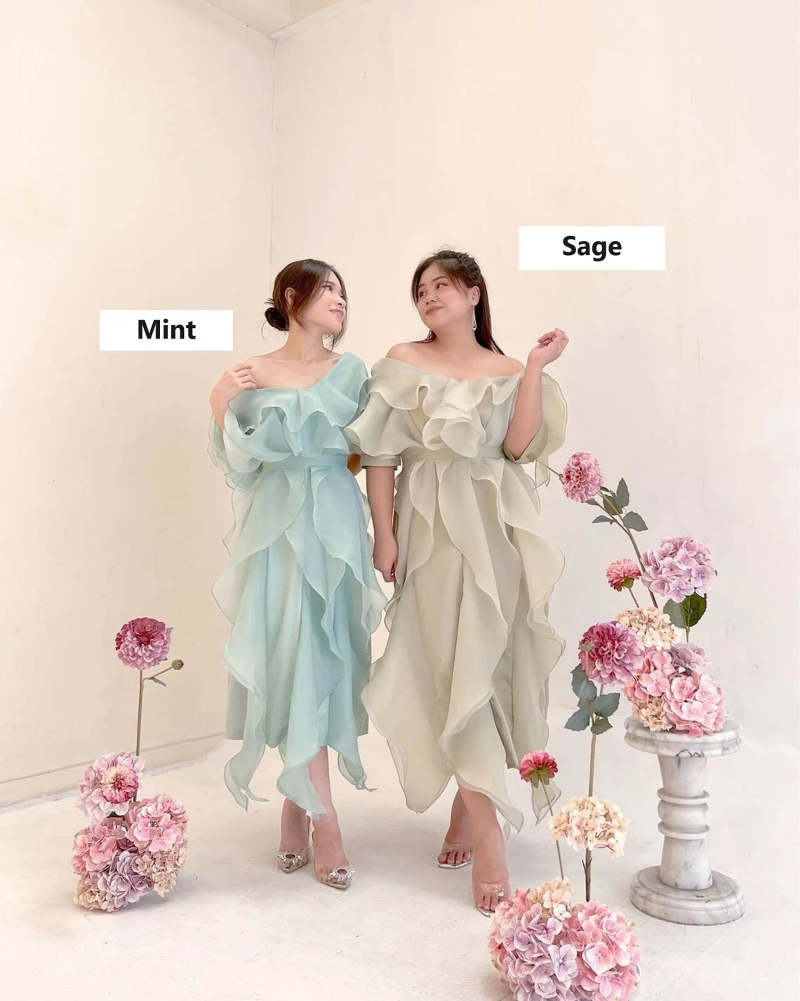 premium woman organza dress, drapped wedding guest gown, ruffled vintage prom dress, holiday woman formal attire, drapery midi dress