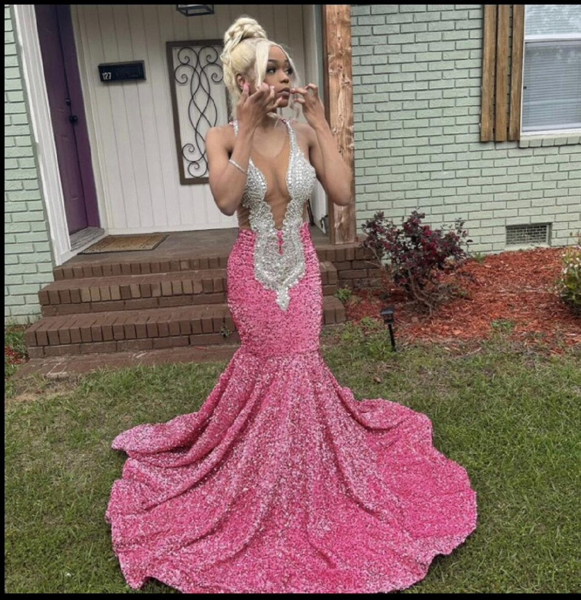 Robe sirène rose ornée, robe sans manches, col ras du cou, robe de bal longue, robe noire pour fille, robe de mariée, robe de réception, livraison gratuite
