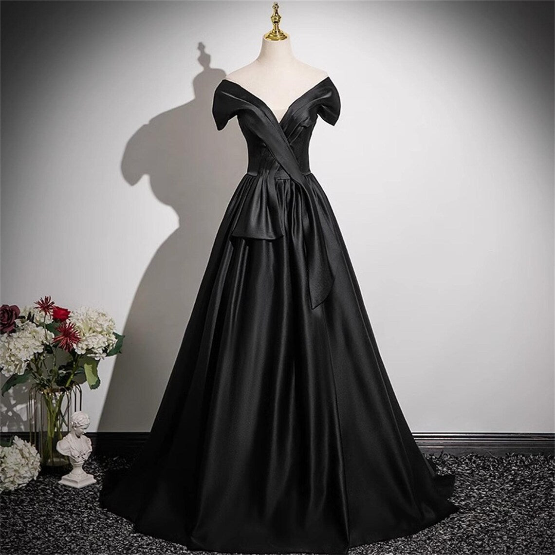 Black Satin Prom Dress Vneck Gown Elegant Black Dress Satin A-line Dre