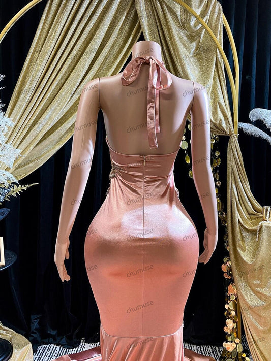 Rose Gold Rhinestone Birthday Dress, Handmade Haute Couture Gown with Crystal Appliqué Embellished Bodice, Formal Special Occasion Gift