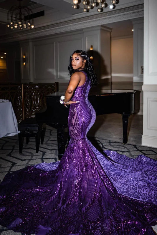 Mermaid V-neck Sequined Floor-length Sleeveless Appliques Lace Prom Dress