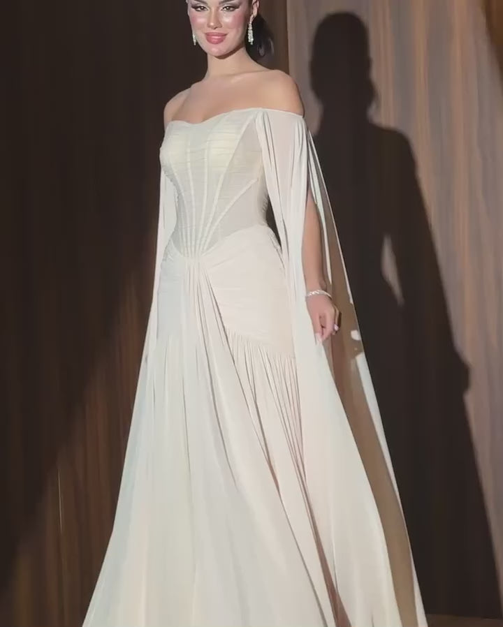 chinese dress ladies 2026 Cream Chiffon A-Line Evening Dress With Cape Sleeves For Women We –  CHUMUSE