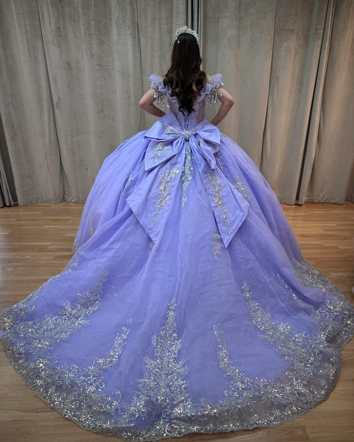 Off Shoulder Sleeveless Beaded Appliques Bow Knot Lilac Sweet 15 Quinceañera Dress