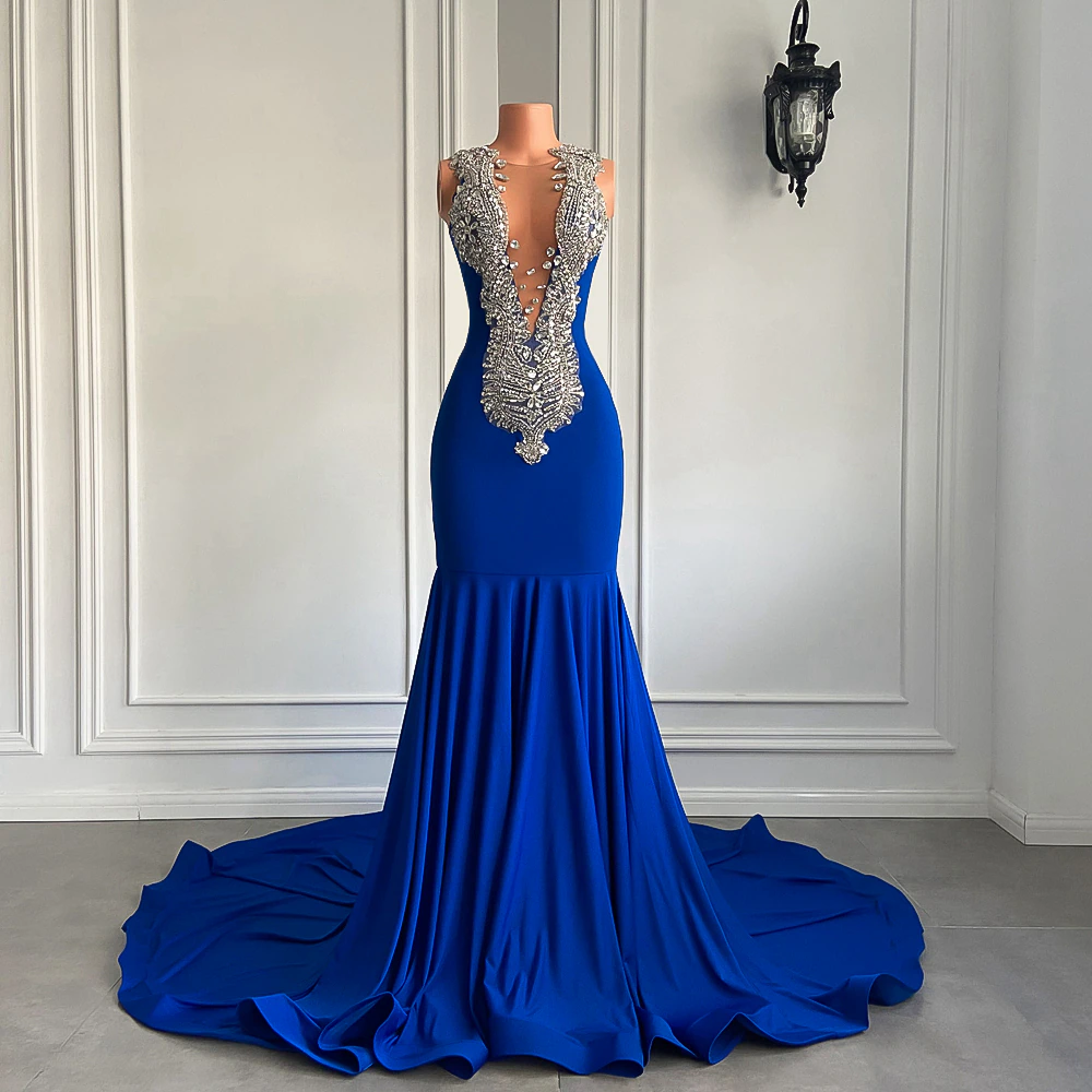 Vestidos de fiesta largos y elegantes, estilo sirena sexy, de lujo, brillantes, con diamantes, azul real, licra, negros, para niña, vestidos de gala para graduación.