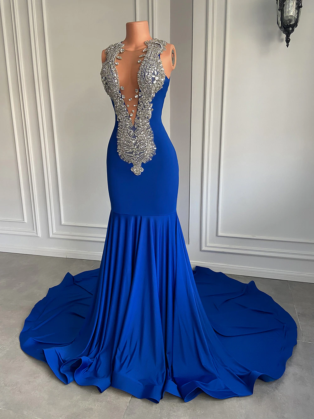 Vestidos de fiesta largos y elegantes, estilo sirena sexy, de lujo, brillantes, con diamantes, azul real, licra, negros, para niña, vestidos de gala para graduación.