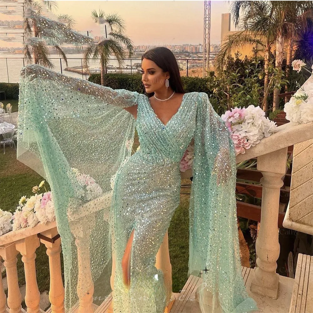 Vestido de fiesta de noche largo de tul transparente con hombros descubiertos, volantes y princesa, color verde