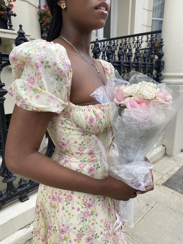 Robe de bal longue élégante pour femme, manches bouffantes, motif floral, tenue d'été pour la plage et les fêtes