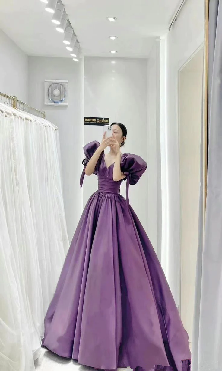 Puffy Sleeve Backless Satin Purple Backless Prom Dress
