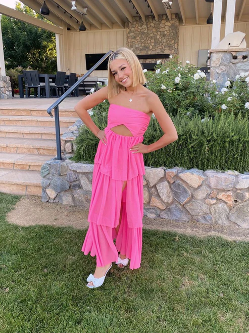 Robe de bal rose bustier longue au sol, robe de soirée rose