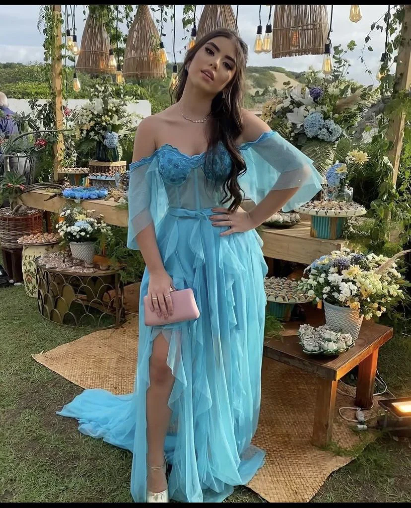 Vestido de fiesta largo azul con hombros descubiertos, encantador vestido de noche azul