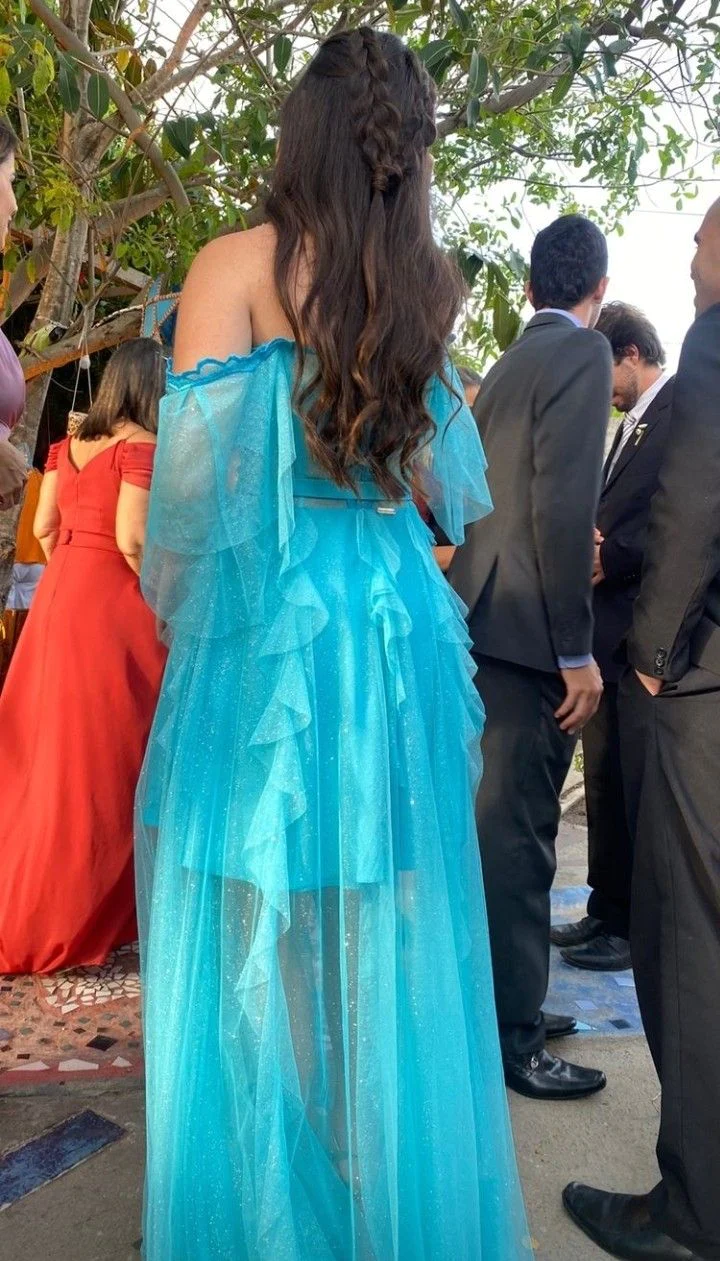 Vestido de fiesta largo azul con hombros descubiertos, encantador vestido de noche azul
