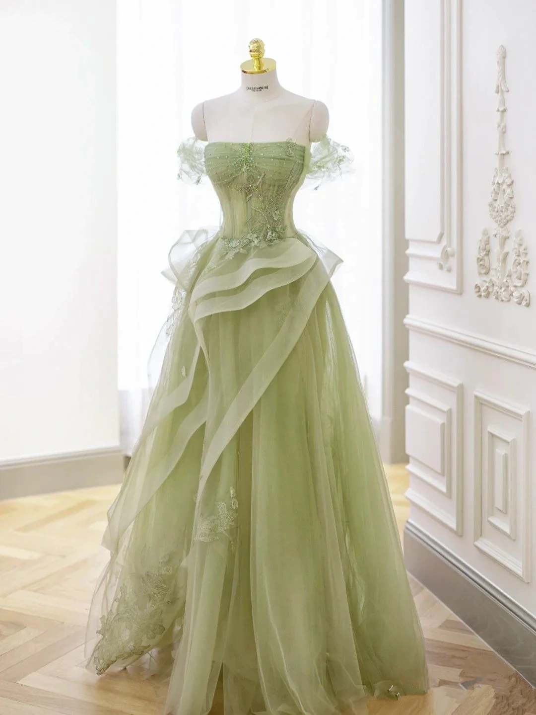 Vestido de fiesta de tul verde salvia, vestido de fiesta de tul de corte A