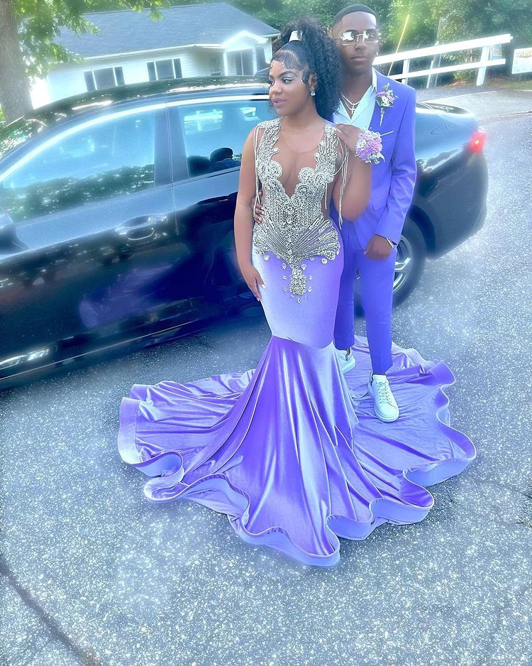Robe de bal longue sirène violette, charmante robe de soirée violette