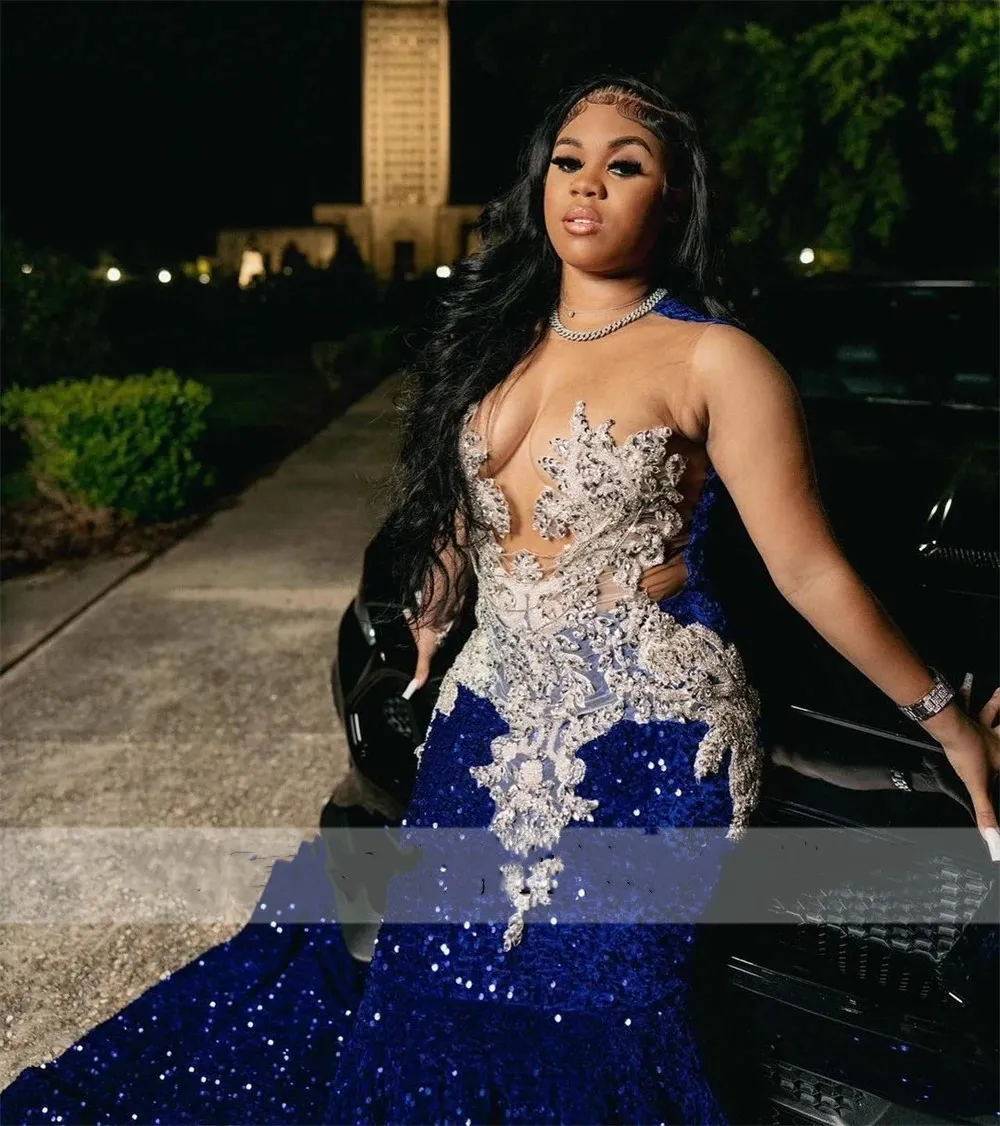 Vestidos de fiesta de sirena con lentejuelas azul real y cuello transparente, tallas grandes, vestidos formales de noche para ocasiones especiales, económicos.