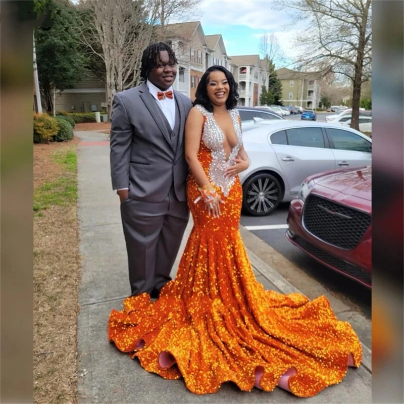 Robe de bal sirène à paillettes orange scintillantes pour filles noires, col transparent sexy et cristaux