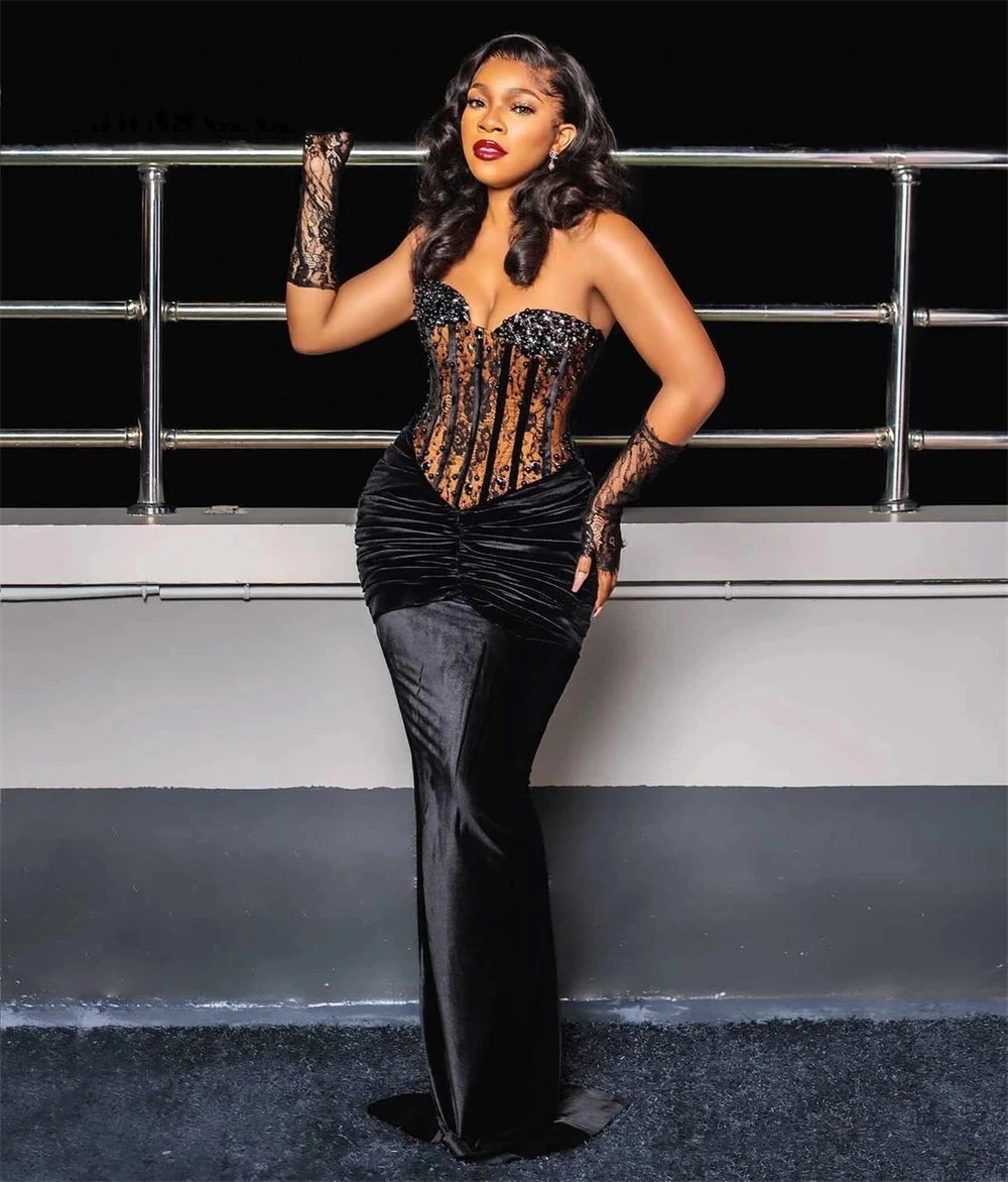 Robe de soirée sirène en velours noir, robe de soirée africaine élégante, décolleté en cœur, perles