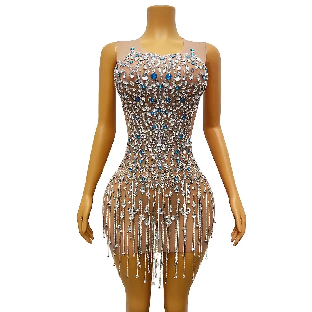 Robe de soirée sexy en velours rose transparent avec strass bleus et argentés, tenue de bal, anniversaire, bal de promo, lanfeng