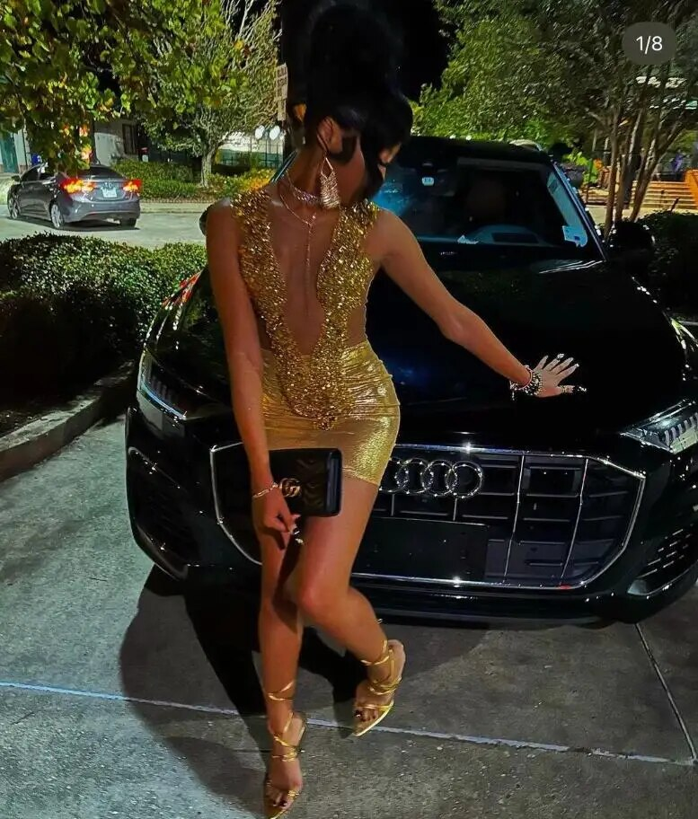 Vestido de festa de aniversário para meninas, mini vestido de coquetel dourado brilhante, luxuoso, com cristais e diamantes, preto
