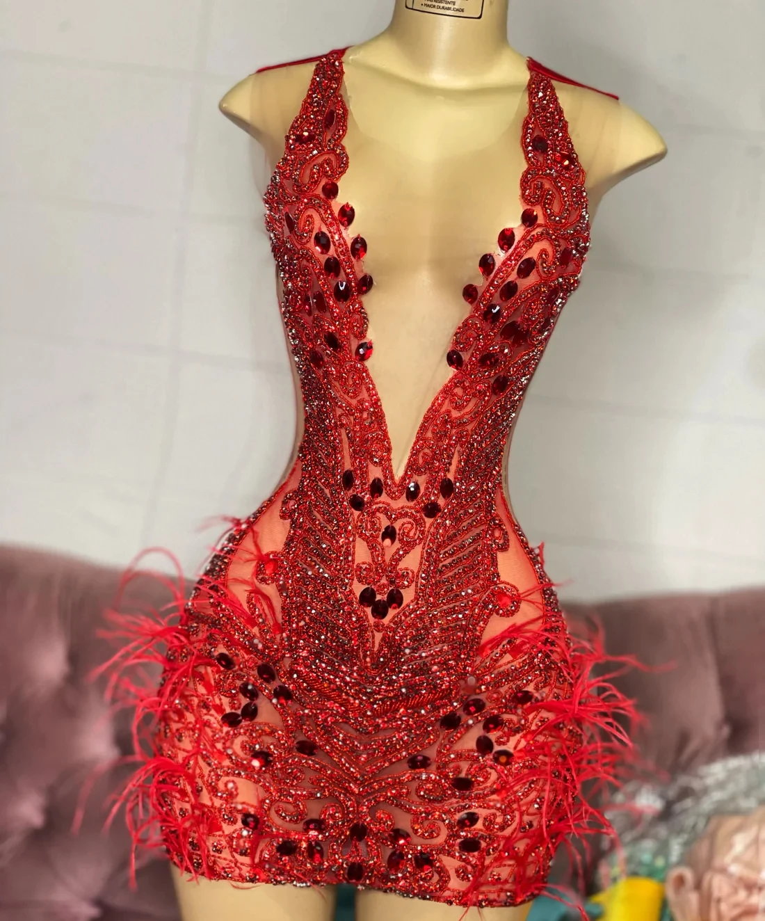 Red Sexy Sheer Feather Diamond Short Prom Dresses Black Girls Birthday CHUMUSE Red Sexy Sheer Feather Diamond Short Prom Dresses Black Girls Birthday CHUMUSE