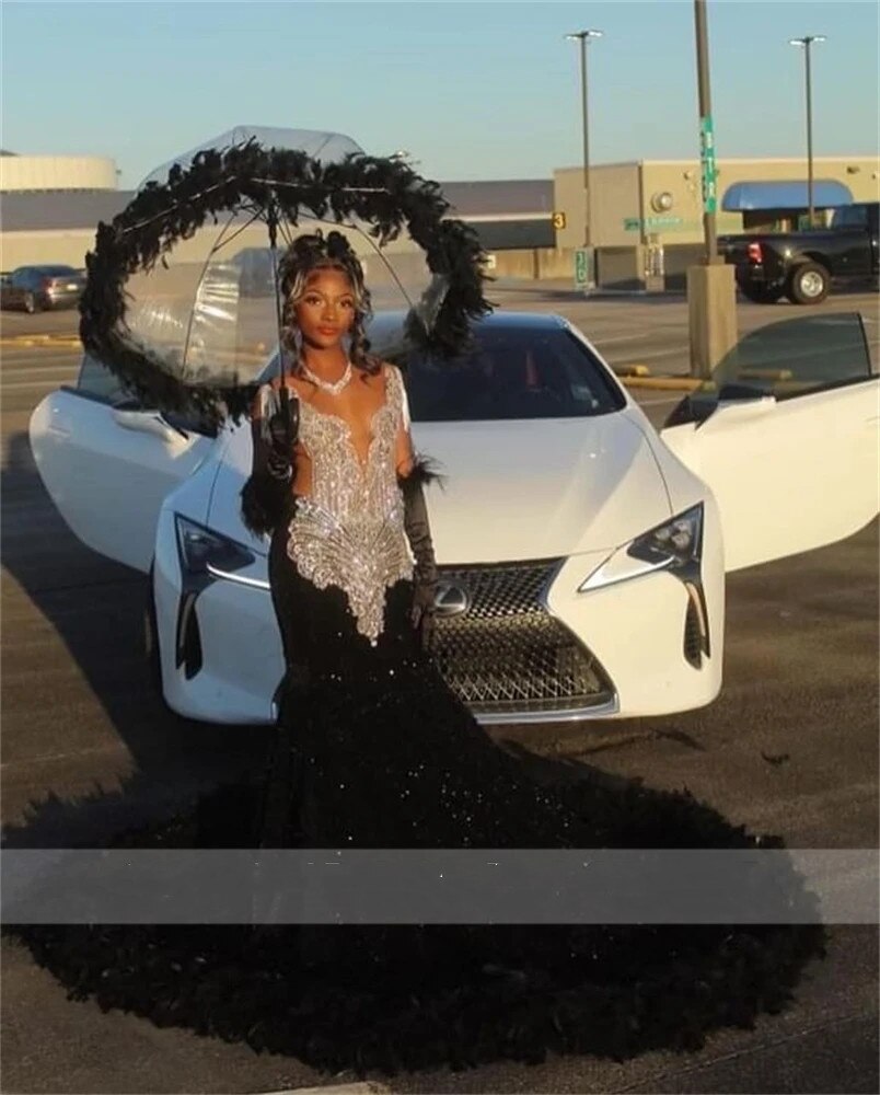 Robe de bal sirène longue et élégante à paillettes noires pour filles noires avec plumes, paillettes scintillantes, perles et pompons, robes de fête d'anniversaire