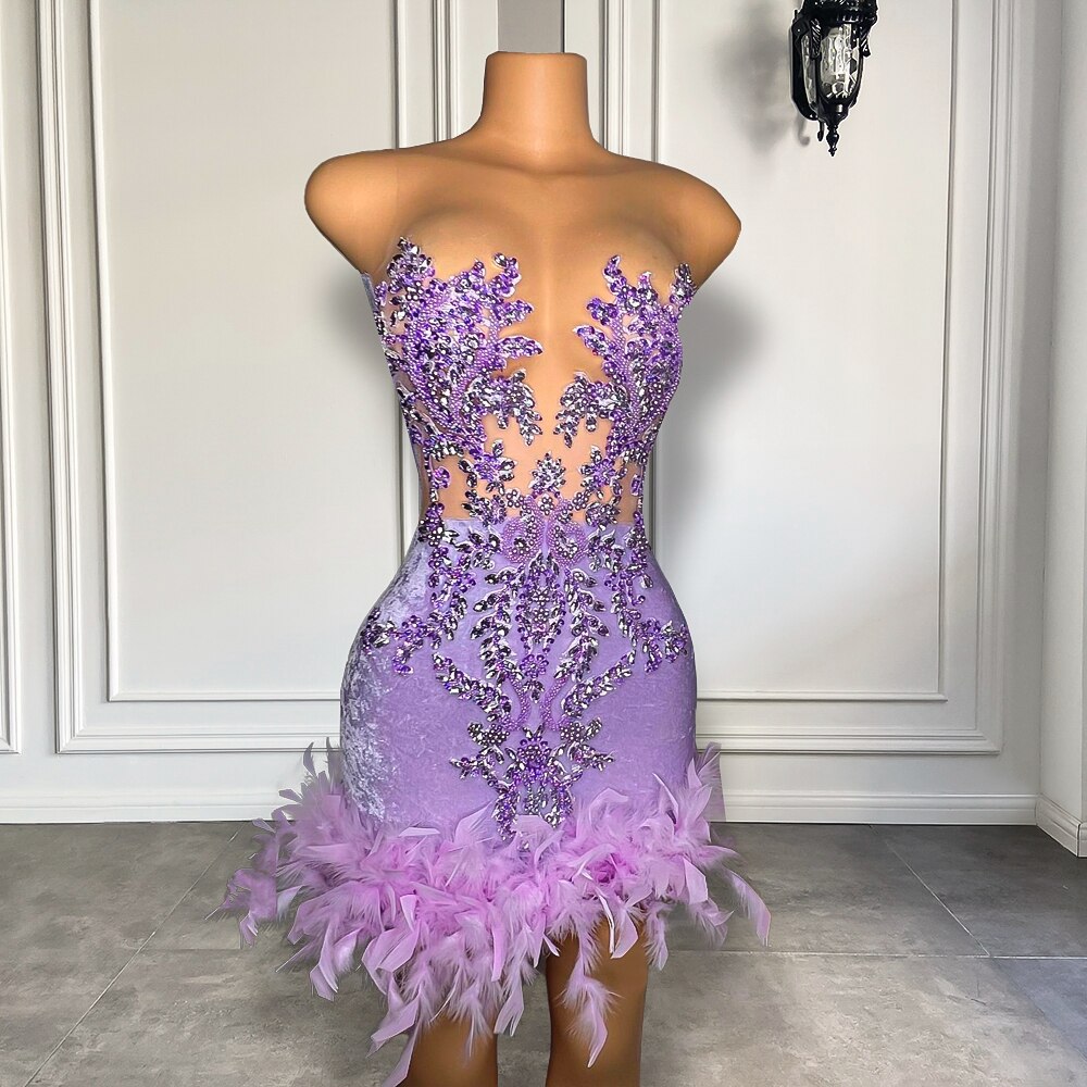 Superbe robe de soirée sexy en maille transparente avec broderies de perles pour femmes, robe de bal courte à plumes, couleur lavande et noire