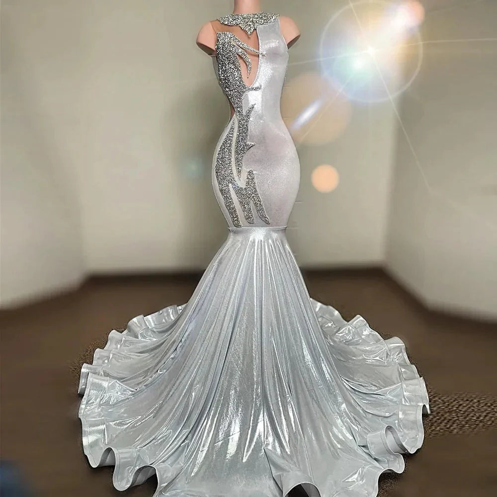Silver Sequin Mermaid Prom Dresses For African Women Beading Evening Gowns Outfit Luruxry Women Party Wear