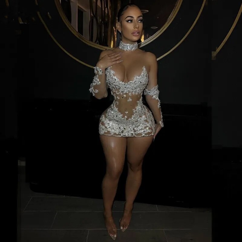 Sexy See Through Birthday Party Dresses For Women Sheer Spaghetti Strap Short Prom Dress Long Sleeve