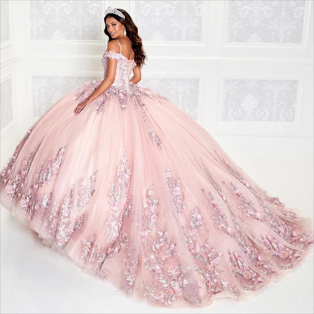 Robe de bal en dentelle perlée scintillante, robe de Quinceanera, décolleté à épaules dénudées, paillettes, tulle, traîne, Sweet 15