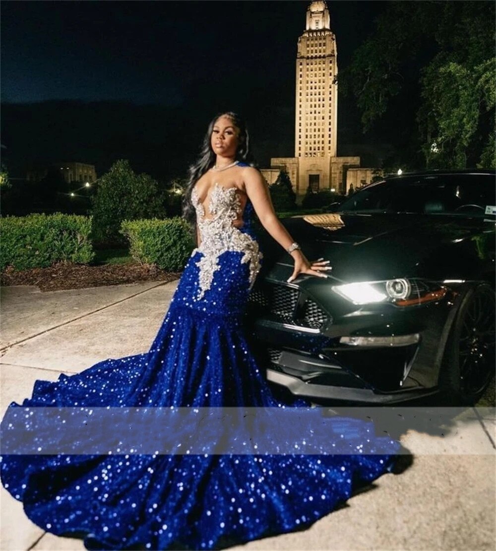 Vestidos de fiesta de sirena con lentejuelas azul real y cuello transparente, tallas grandes, vestidos formales de noche para ocasiones especiales, económicos.