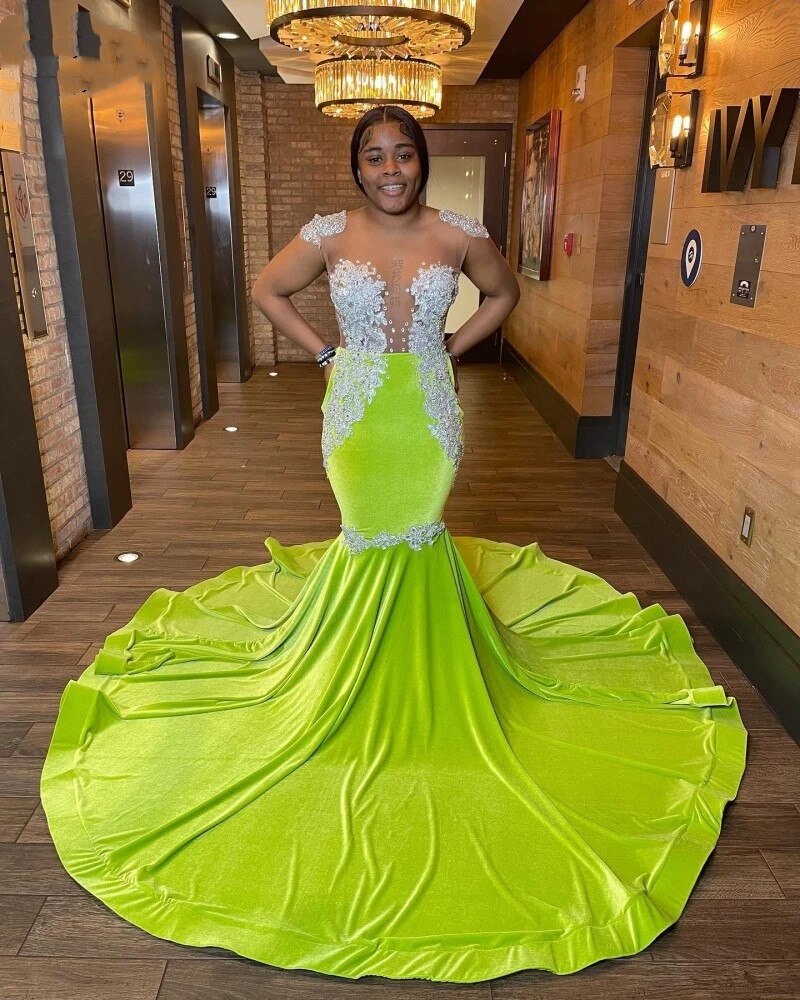 Robe de soirée sirène sexy dos nu noire pour filles, tenue de soirée en velours vert citron avec appliques en dentelle