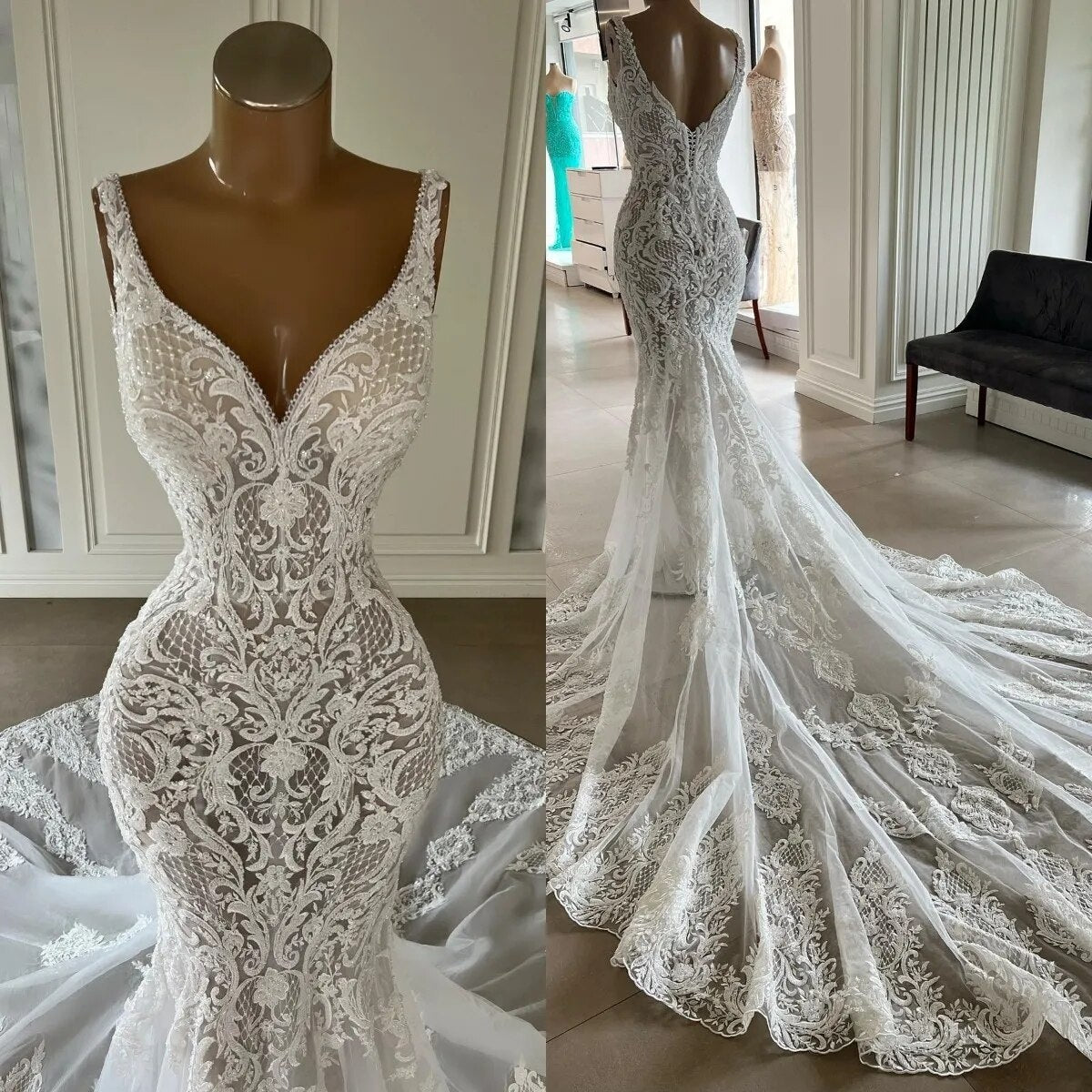 Robe de mariée sirène élégante en dentelle, col en V, avec appliques en dentelle, robe de soirée champêtre
